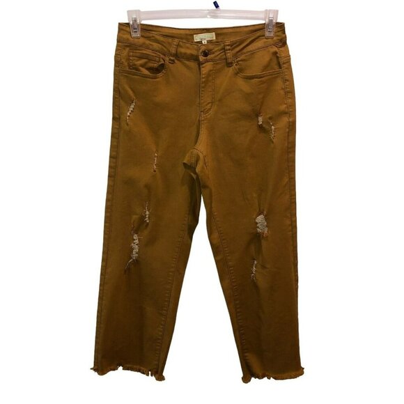 Turquoise Haven Size 1X Mustard Brown Distressed Frayed Hem Straight Jeans Pants - Picture 1 of 9